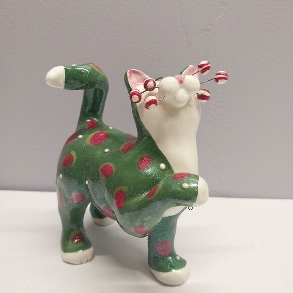 Amy Lacombe 2002 WhimsiClay Ceramic Cat Figurine Willitts Design Green Polka Dot - Picture 2 of 16